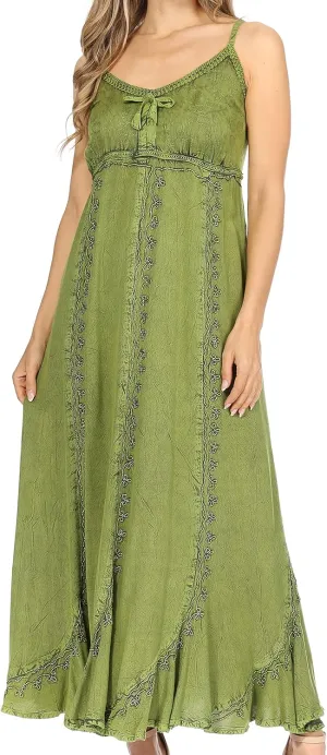 Sakkas Allie Stonewashed Embroidered Adjustable Spaghetti Straps Long Dress