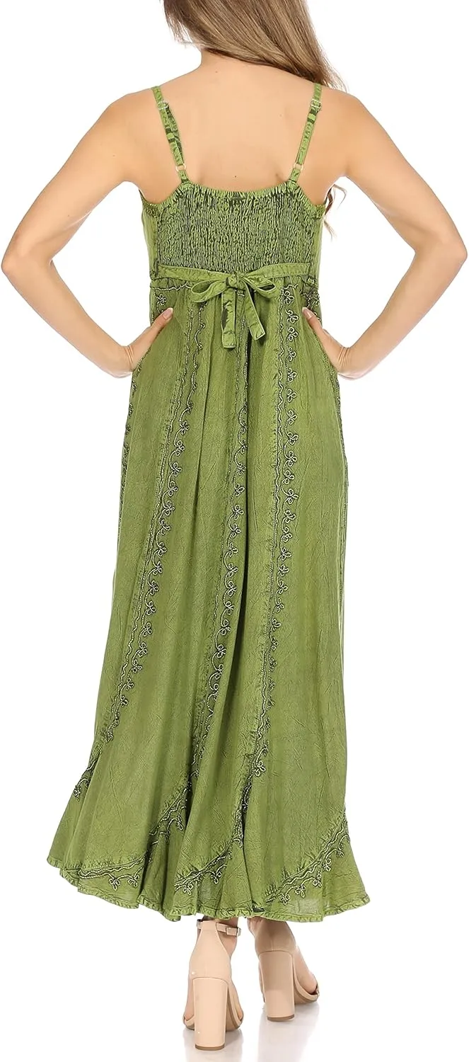 Sakkas Allie Stonewashed Embroidered Adjustable Spaghetti Straps Long Dress