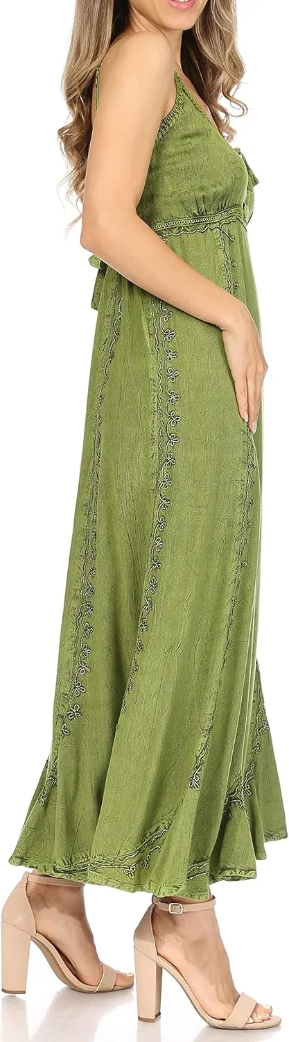 Sakkas Allie Stonewashed Embroidered Adjustable Spaghetti Straps Long Dress