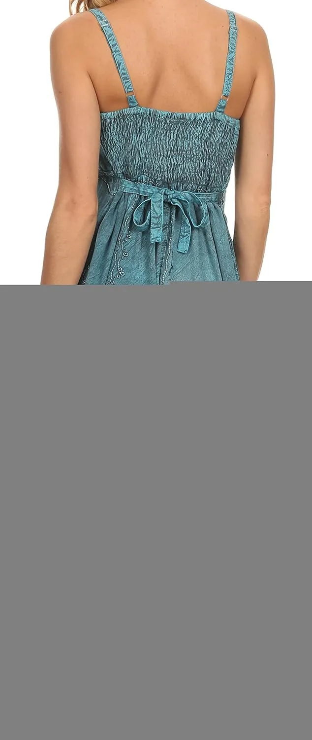 Sakkas Allie Stonewashed Embroidered Adjustable Spaghetti Straps Long Dress