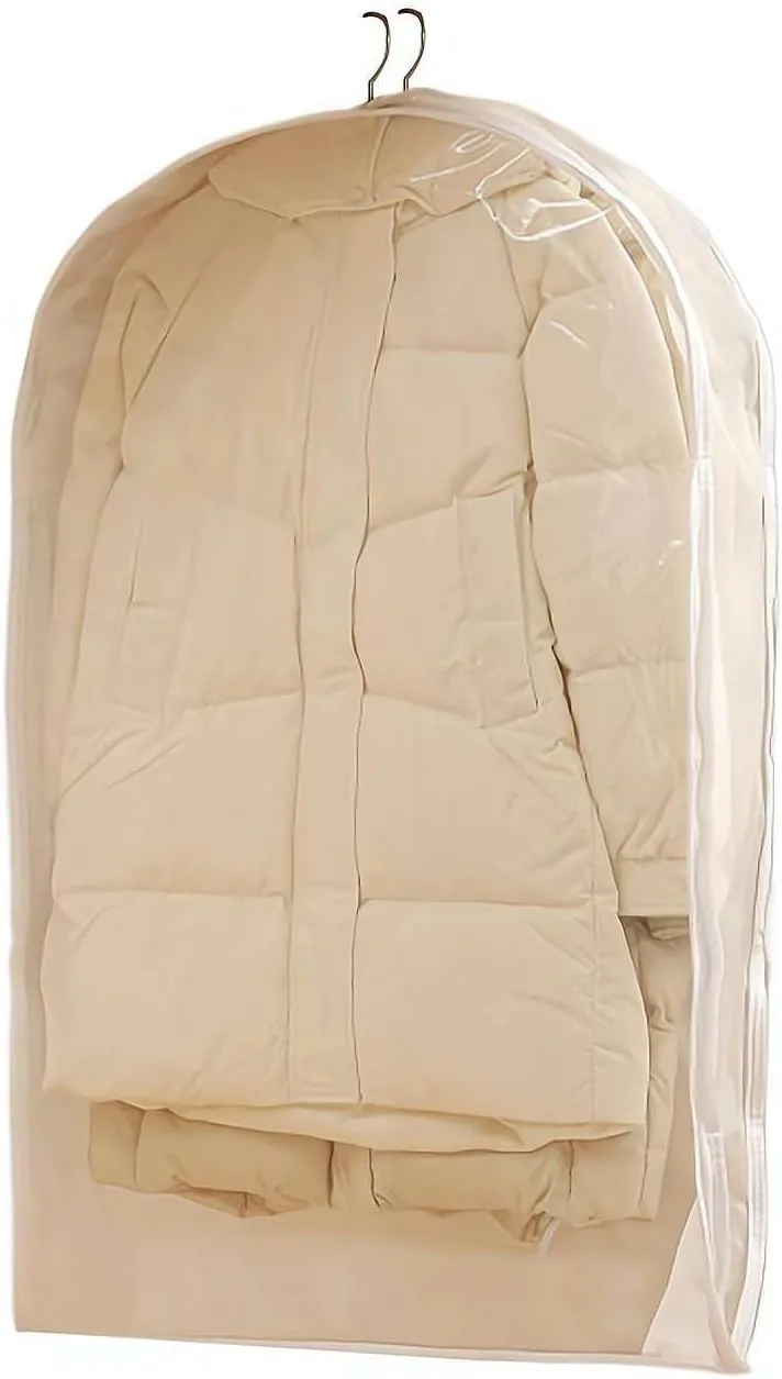 Self Compression Zipper Hanging Garment Bag Thick Closet Organizer Dustproof Storage Bags for Winter Jackets, Down Coats, Space Saving Clothes Storage for Closet (White S)