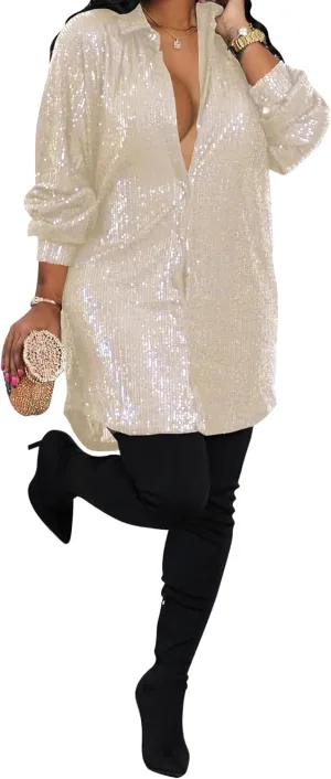 Sequin Dress for Women Long Sleeve V Neck Sparkly Shirt Dresses Birthday Dress Party Dresses