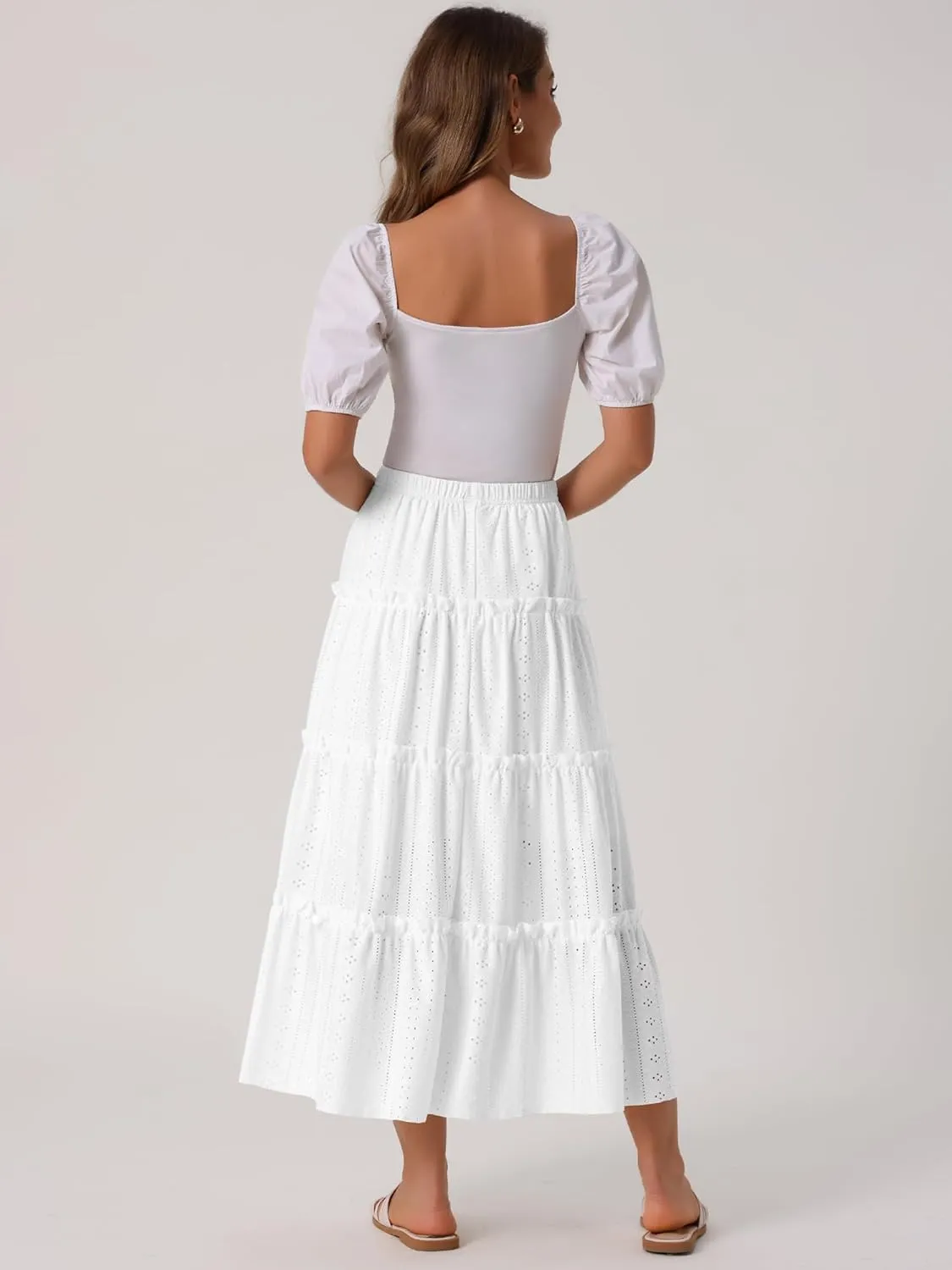 Seta T Women's Casual Skirts Elastic Waist Eyelet A Line Maxi Skirt Ruffle Boho Long Summer Skirt