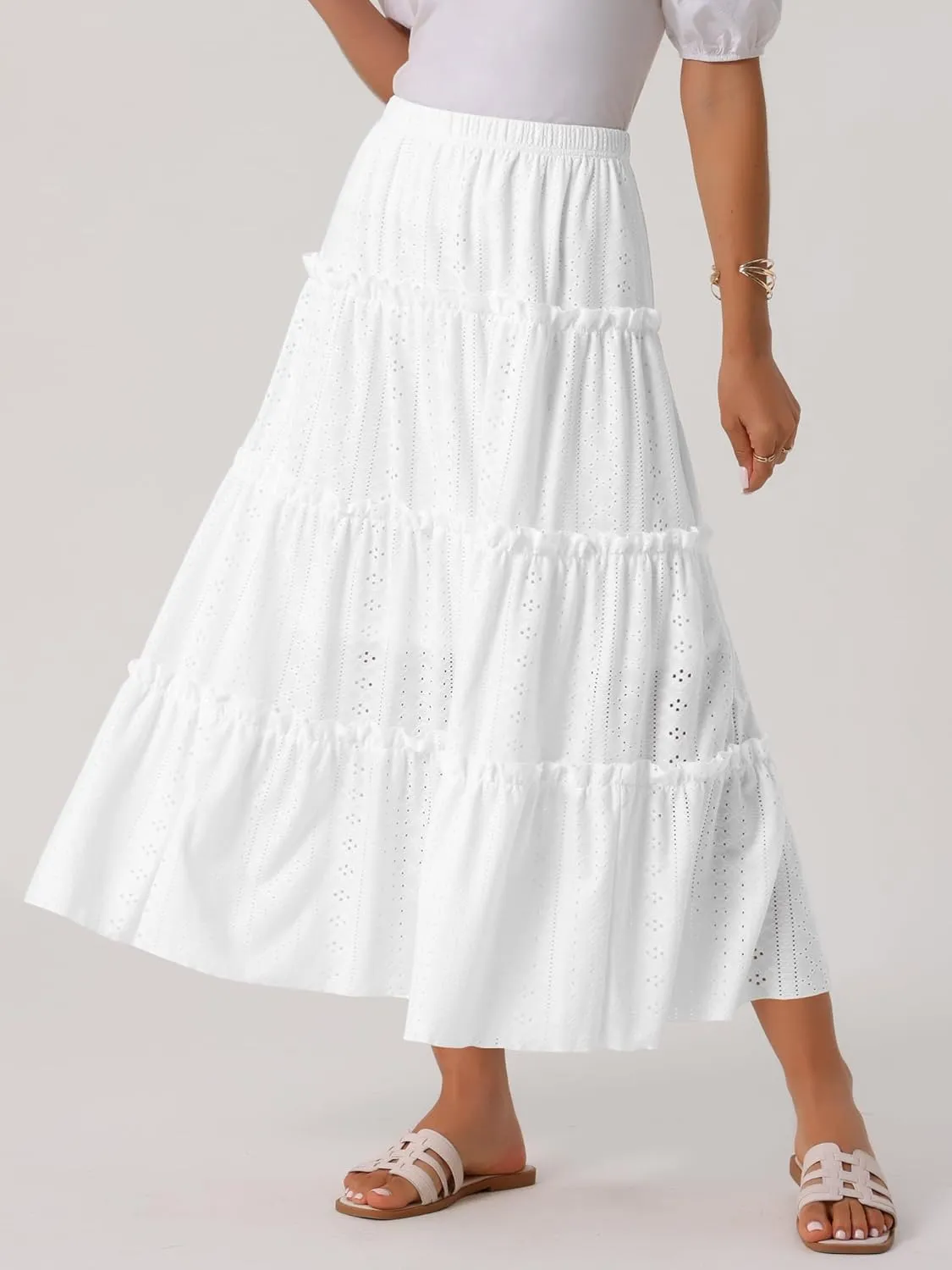 Seta T Women's Casual Skirts Elastic Waist Eyelet A Line Maxi Skirt Ruffle Boho Long Summer Skirt