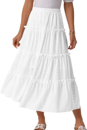 Seta T Women's Casual Skirts Elastic Waist Eyelet A Line Maxi Skirt Ruffle Boho Long Summer Skirt