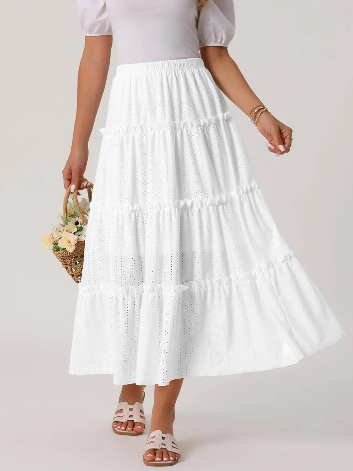 Seta T Women's Casual Skirts Elastic Waist Eyelet A Line Maxi Skirt Ruffle Boho Long Summer Skirt