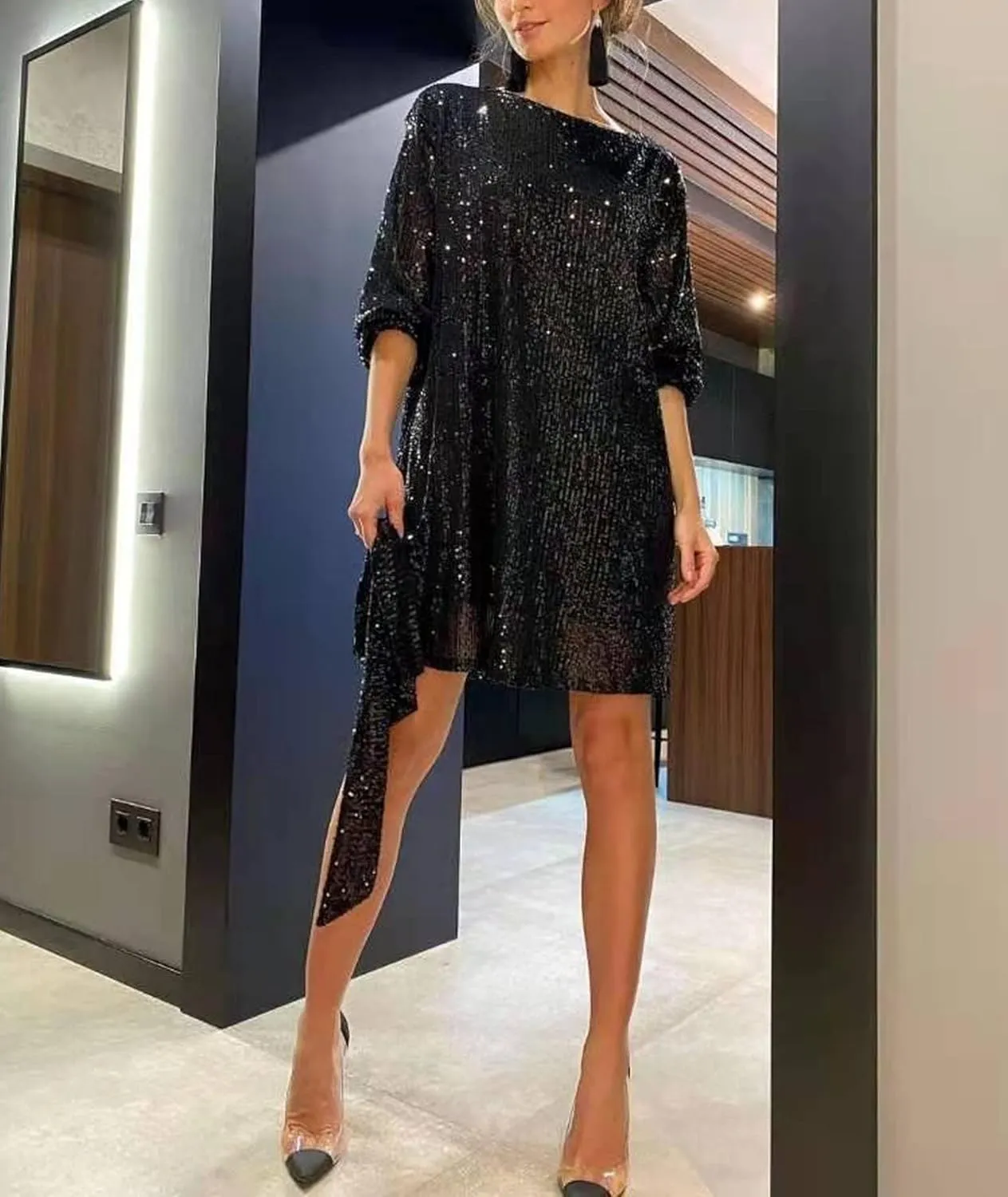 Sexyshine Women's Sequin Mini Dress Scoop Neck Bishop Long Sleeve Sparkly Glitter Club Party Wedding Dress with Belt