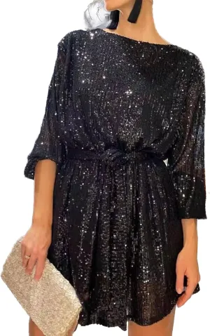 Sexyshine Women's Sequin Mini Dress Scoop Neck Bishop Long Sleeve Sparkly Glitter Club Party Wedding Dress with Belt