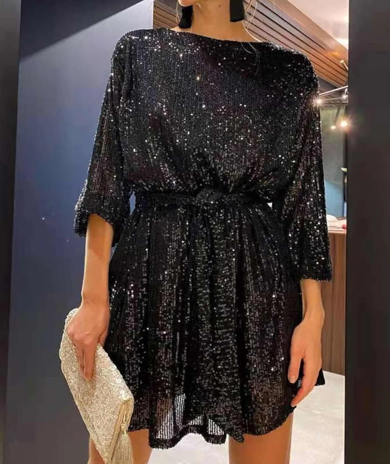 Sexyshine Women's Sequin Mini Dress Scoop Neck Bishop Long Sleeve Sparkly Glitter Club Party Wedding Dress with Belt
