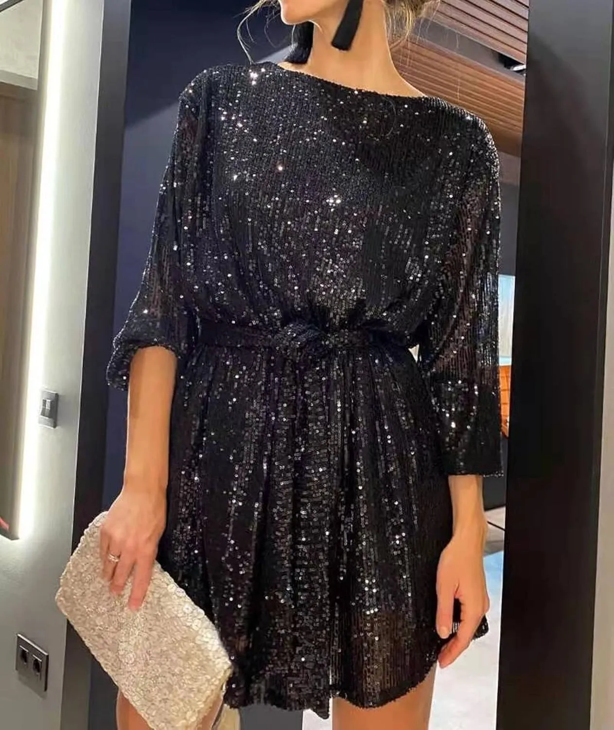Sexyshine Women's Sequin Mini Dress Scoop Neck Bishop Long Sleeve Sparkly Glitter Club Party Wedding Dress with Belt