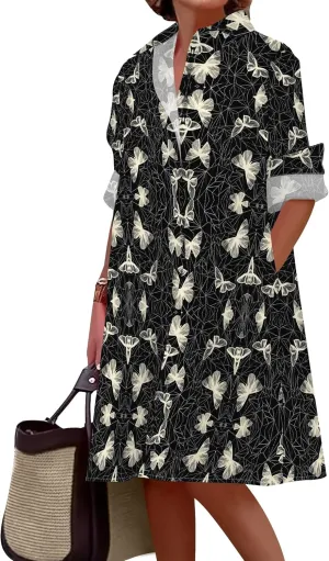 Shirt Dress for Women Button Down Long Sleeve Dress Casual Plus Size Printed Loose Dress with Pockets