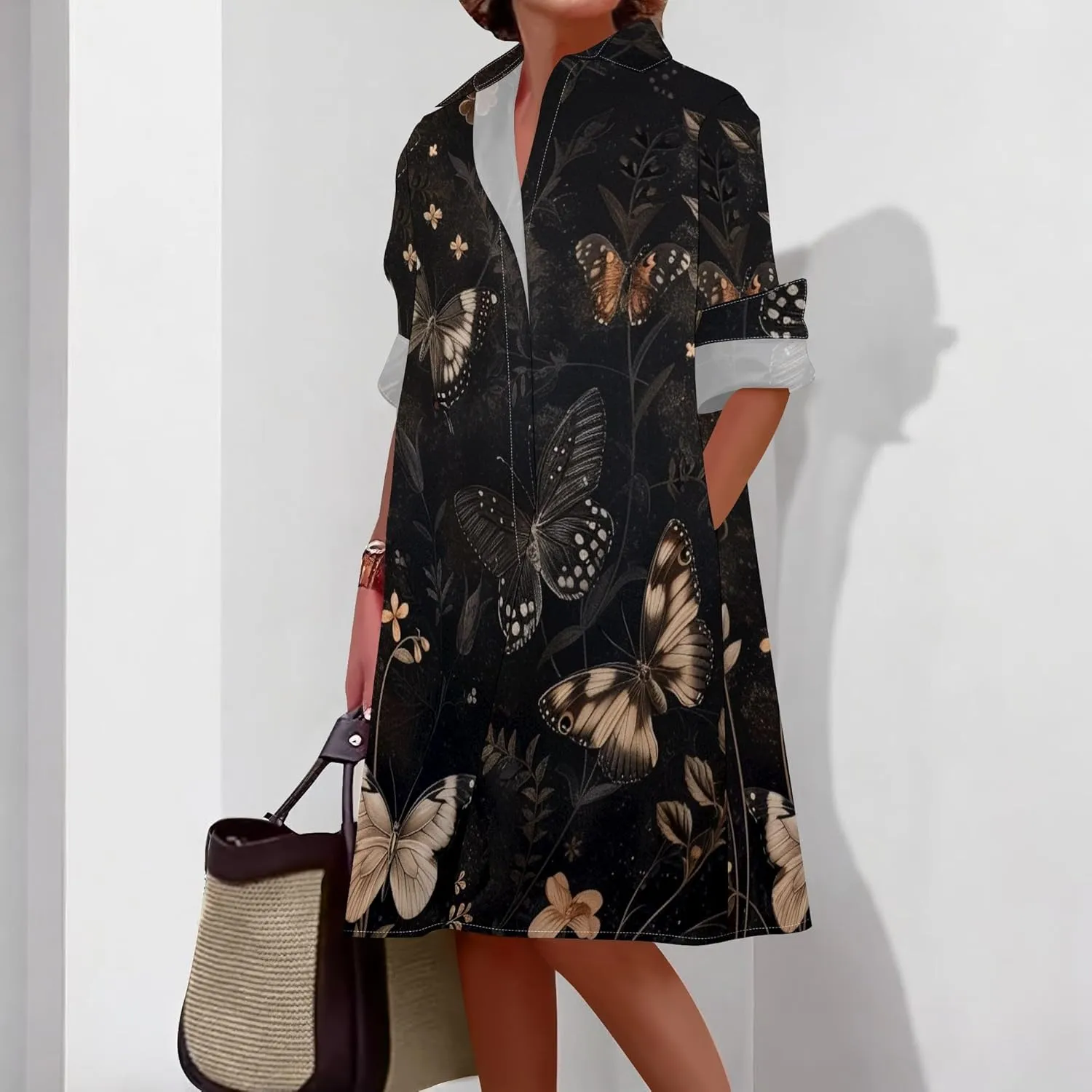 Shirt Dress for Women Button Down Long Sleeve Dress Casual Plus Size Printed Loose Dress with Pockets