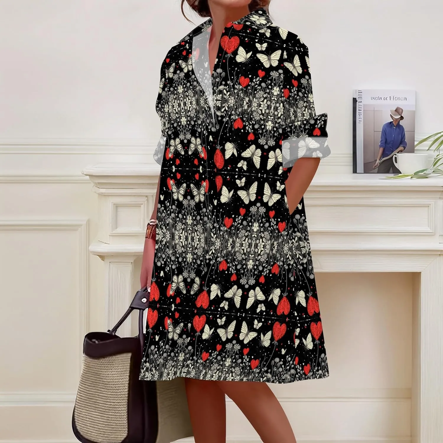Shirt Dress for Women Button Down Long Sleeve Dress Casual Plus Size Printed Loose Dress with Pockets