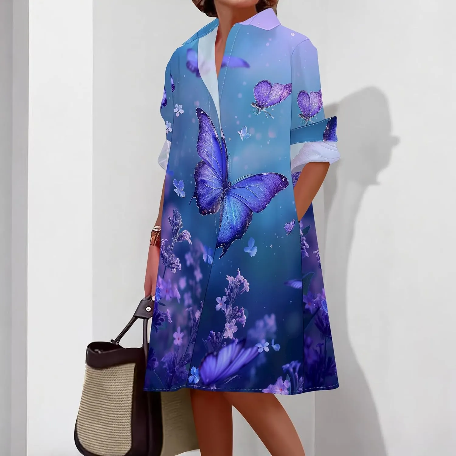 Shirt Dress for Women Button Down Long Sleeve Dress Casual Plus Size Printed Loose Dress with Pockets