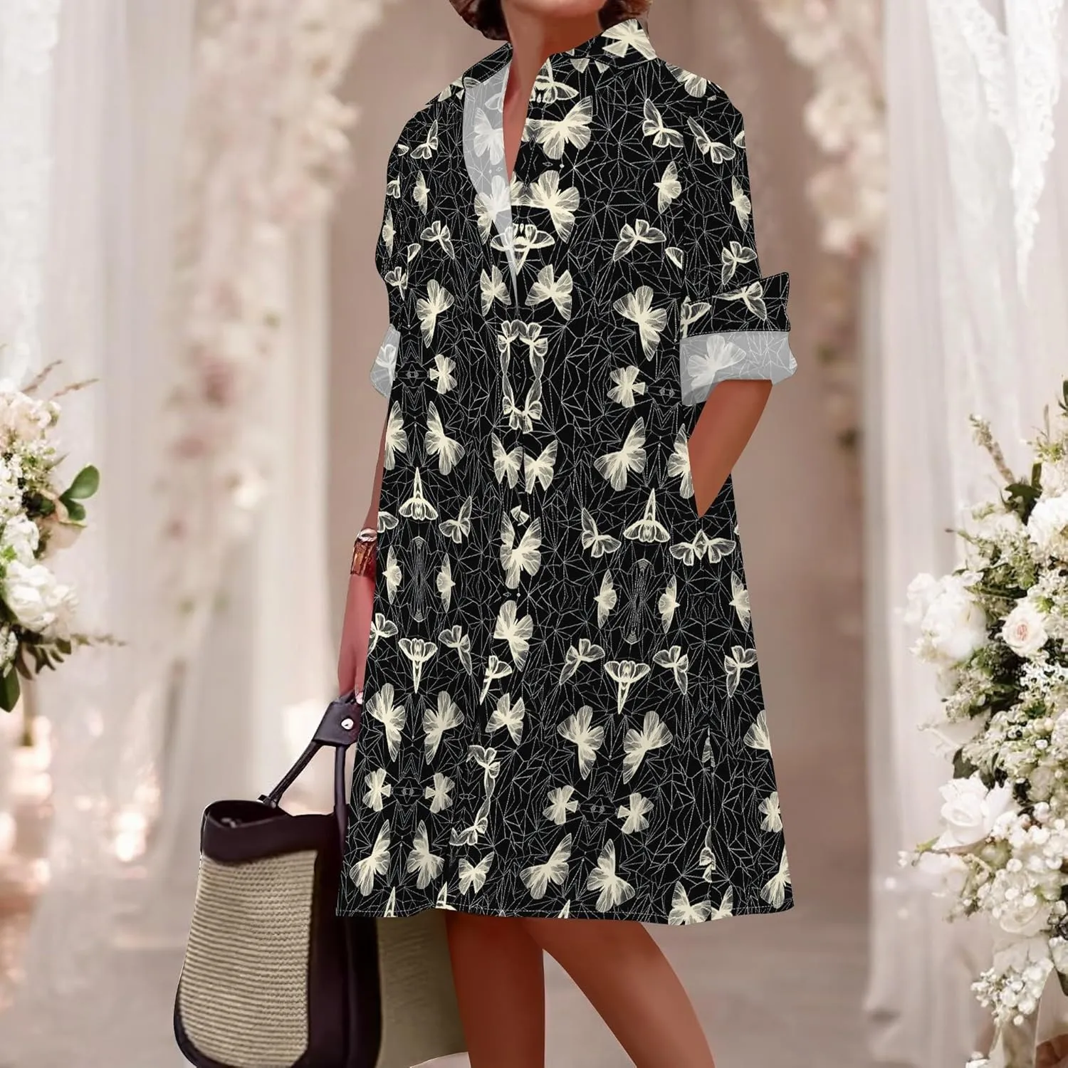 Shirt Dress for Women Button Down Long Sleeve Dress Casual Plus Size Printed Loose Dress with Pockets