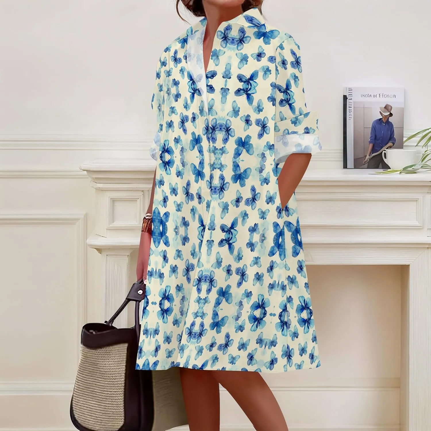 Shirt Dress for Women Button Down Long Sleeve Dress Casual Plus Size Printed Loose Dress with Pockets