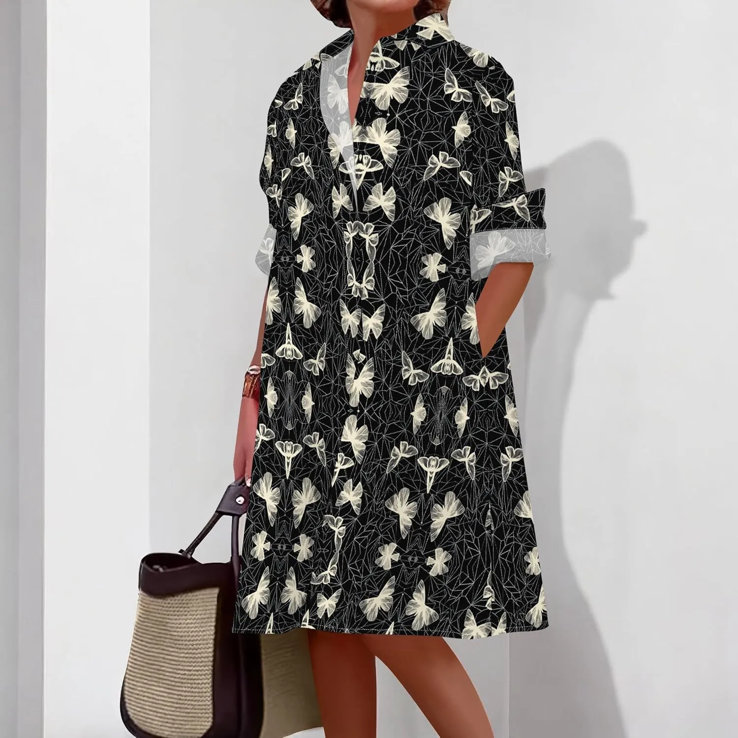 Shirt Dress for Women Button Down Long Sleeve Dress Casual Plus Size Printed Loose Dress with Pockets