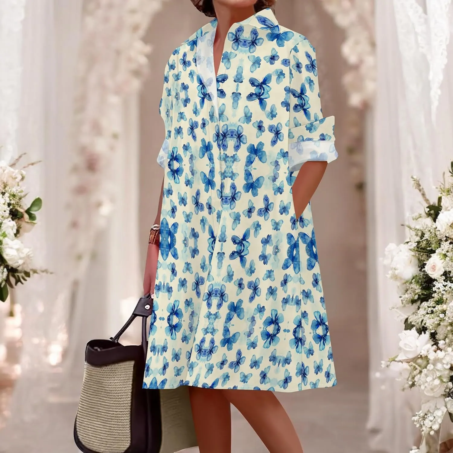 Shirt Dress for Women Button Down Long Sleeve Dress Casual Plus Size Printed Loose Dress with Pockets