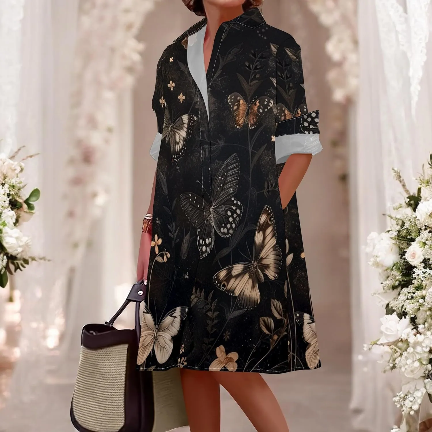 Shirt Dress for Women Button Down Long Sleeve Dress Casual Plus Size Printed Loose Dress with Pockets
