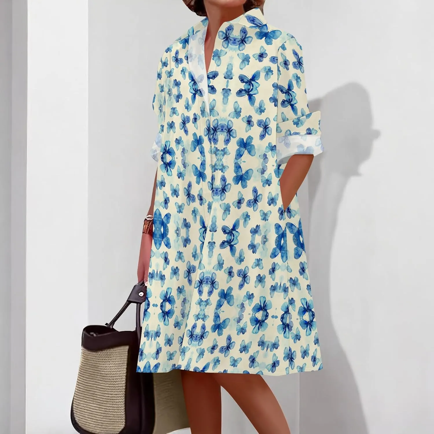 Shirt Dress for Women Button Down Long Sleeve Dress Casual Plus Size Printed Loose Dress with Pockets