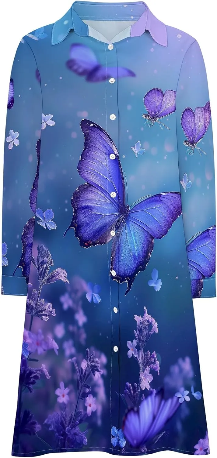 Shirt Dress for Women Button Down Long Sleeve Dress Casual Plus Size Printed Loose Dress with Pockets