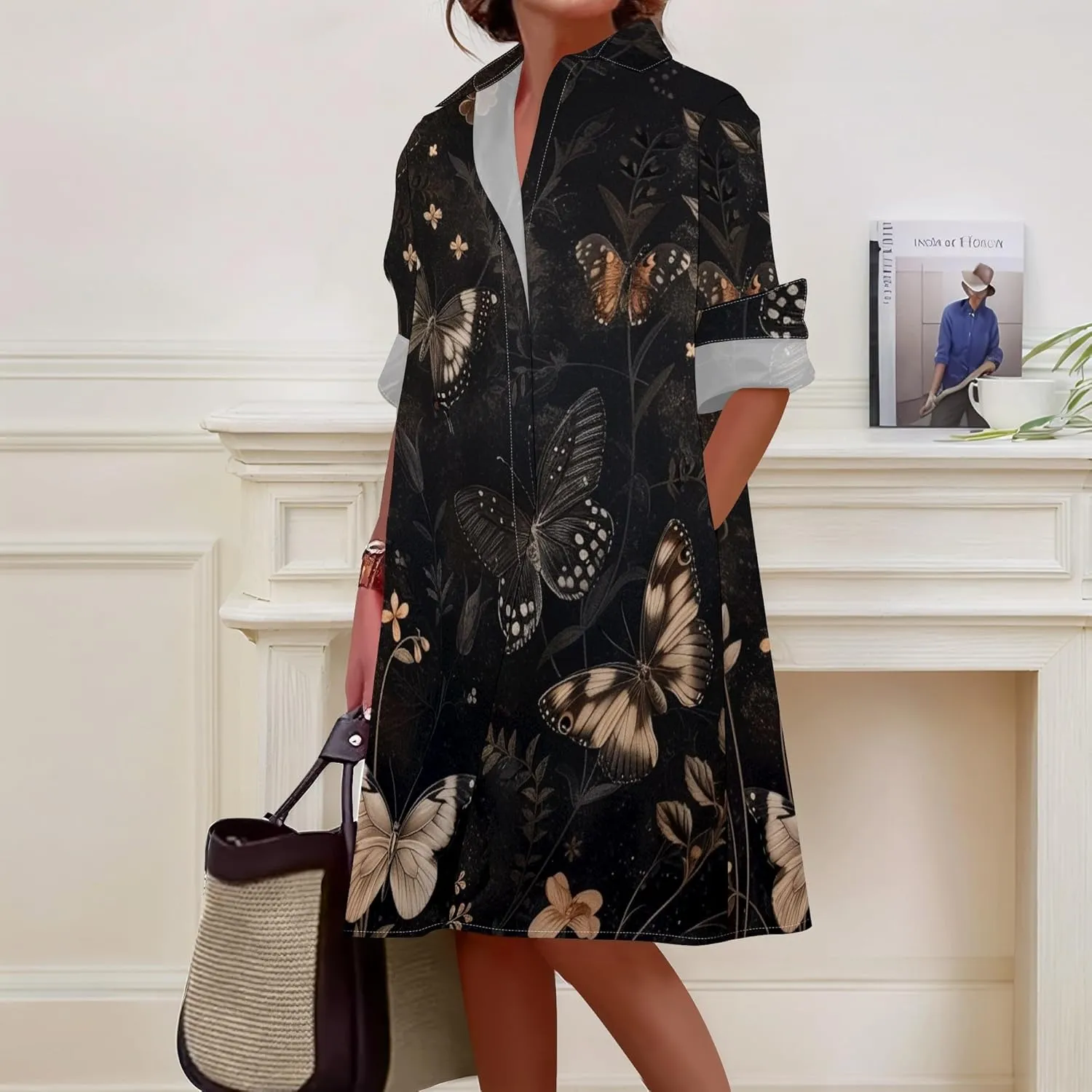 Shirt Dress for Women Button Down Long Sleeve Dress Casual Plus Size Printed Loose Dress with Pockets