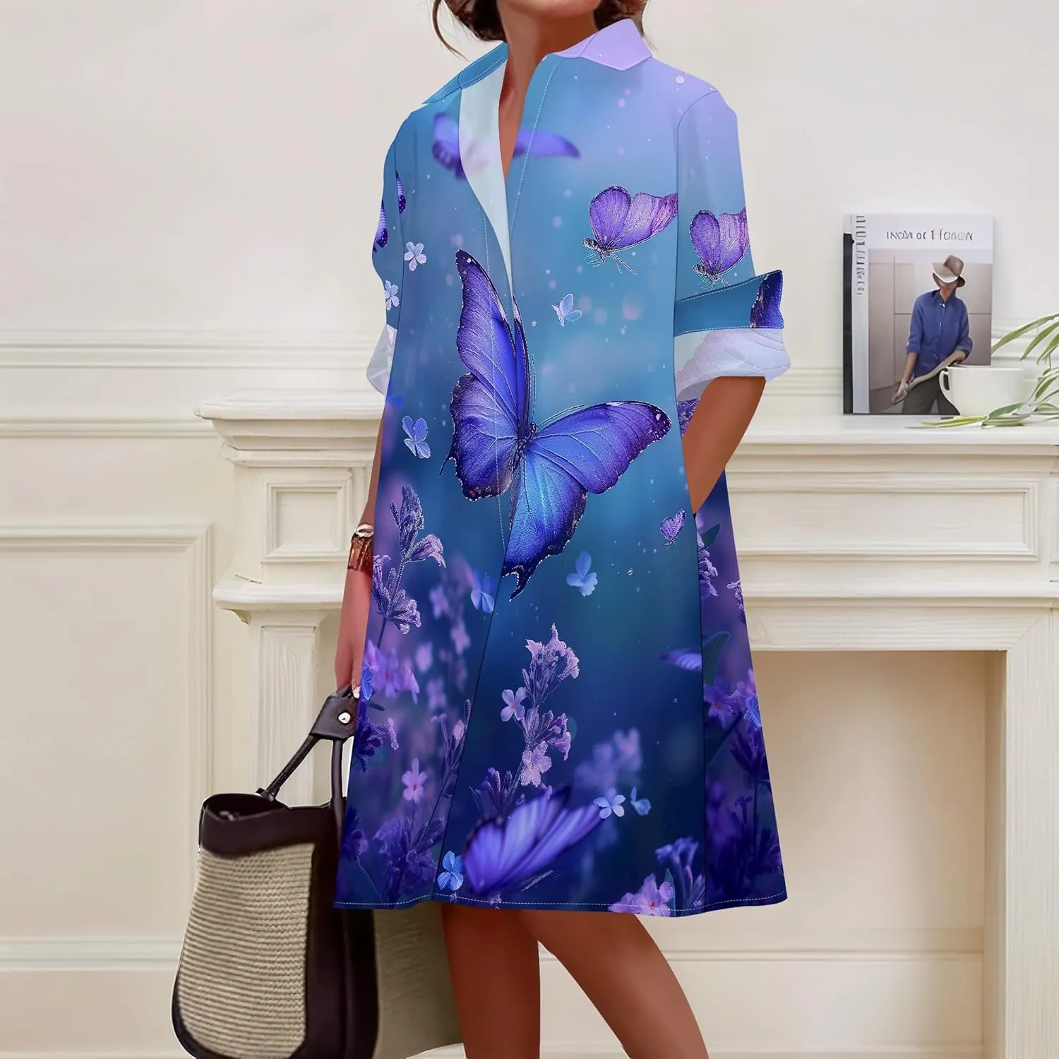Shirt Dress for Women Button Down Long Sleeve Dress Casual Plus Size Printed Loose Dress with Pockets