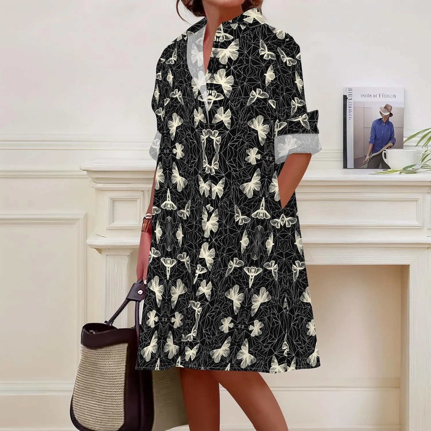 Shirt Dress for Women Button Down Long Sleeve Dress Casual Plus Size Printed Loose Dress with Pockets
