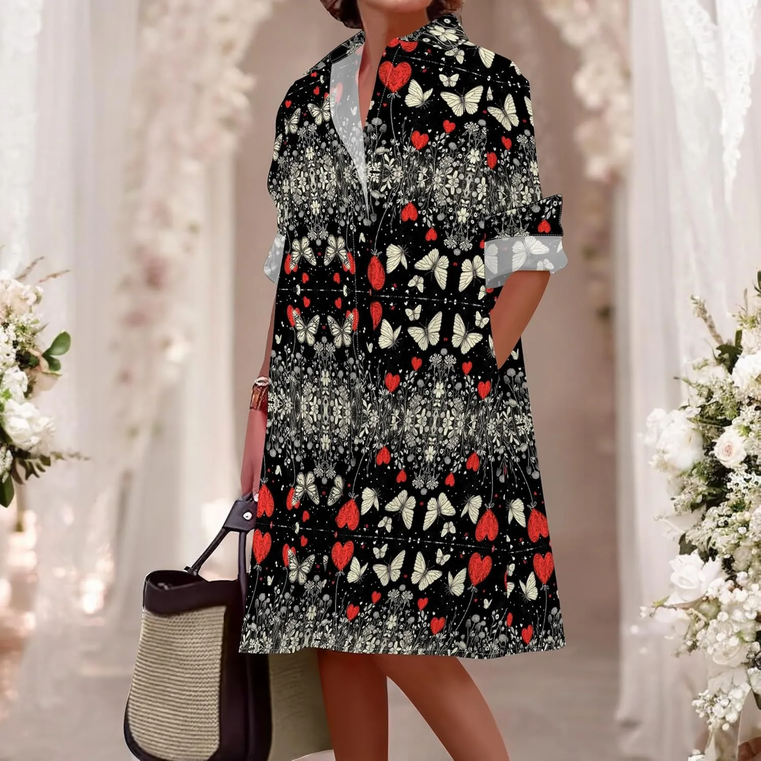 Shirt Dress for Women Button Down Long Sleeve Dress Casual Plus Size Printed Loose Dress with Pockets