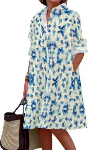 Shirt Dress for Women Button Down Long Sleeve Dress Casual Plus Size Printed Loose Dress with Pockets