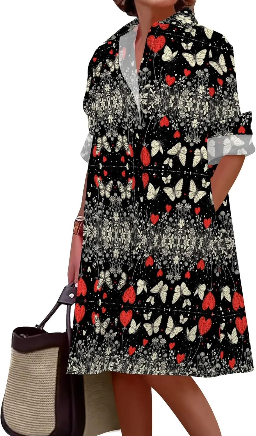 Shirt Dress for Women Button Down Long Sleeve Dress Casual Plus Size Printed Loose Dress with Pockets