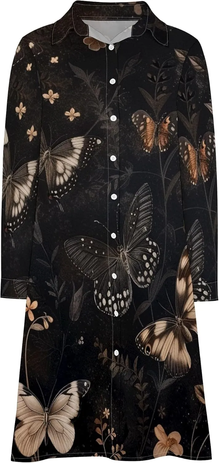 Shirt Dress for Women Button Down Long Sleeve Dress Casual Plus Size Printed Loose Dress with Pockets