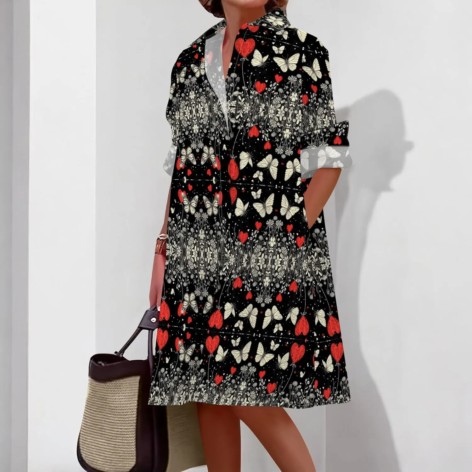 Shirt Dress for Women Button Down Long Sleeve Dress Casual Plus Size Printed Loose Dress with Pockets