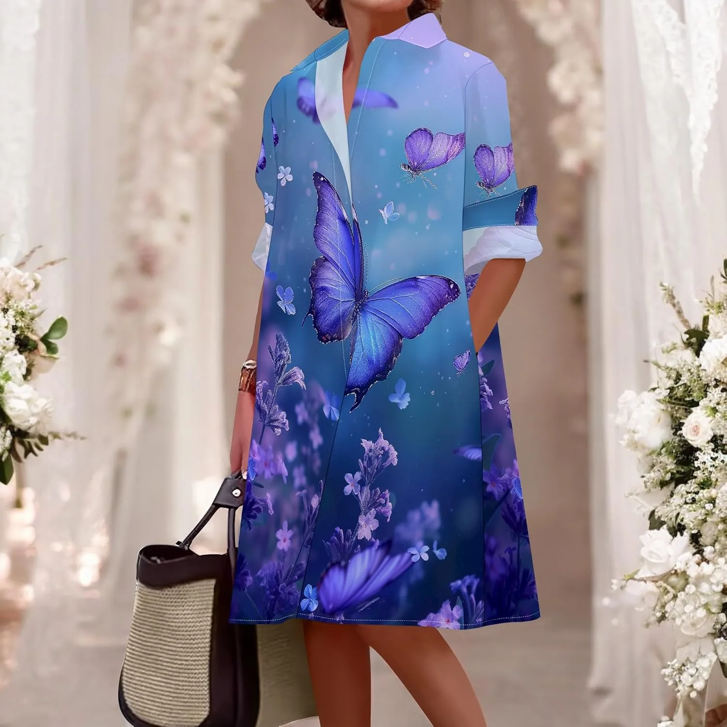 Shirt Dress for Women Button Down Long Sleeve Dress Casual Plus Size Printed Loose Dress with Pockets