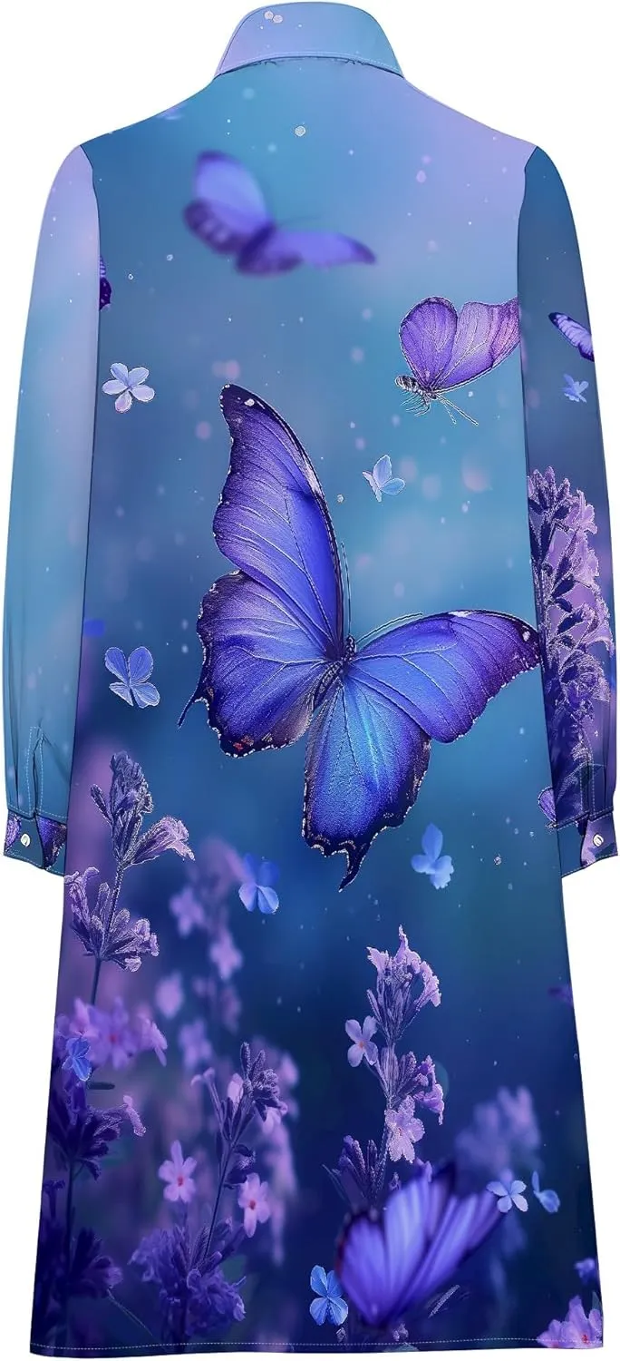 Shirt Dress for Women Button Down Long Sleeve Dress Casual Plus Size Printed Loose Dress with Pockets