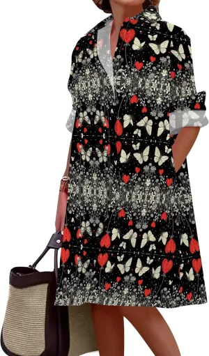 Shirt Dress for Women Button Down Long Sleeve Dress Casual Plus Size Printed Loose Dress with Pockets