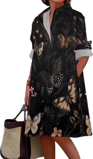 Shirt Dress for Women Button Down Long Sleeve Dress Casual Plus Size Printed Loose Dress with Pockets