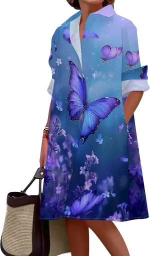 Shirt Dress for Women Button Down Long Sleeve Dress Casual Plus Size Printed Loose Dress with Pockets
