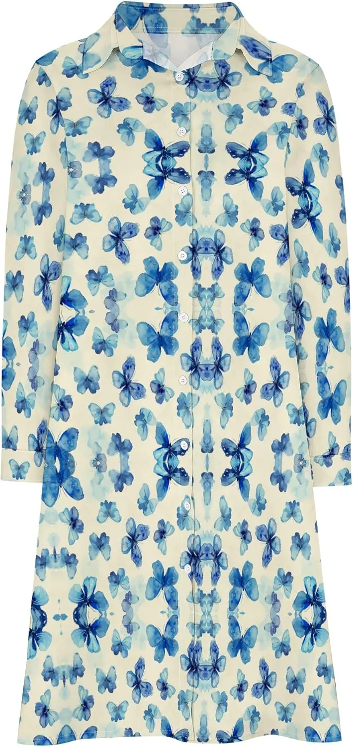 Shirt Dress for Women Button Down Long Sleeve Dress Casual Plus Size Printed Loose Dress with Pockets