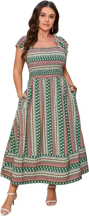 ShopWonder Women Plus Size Maxi Dress Smocked Short Sleeve High Waist Boho Casual Summer Dress