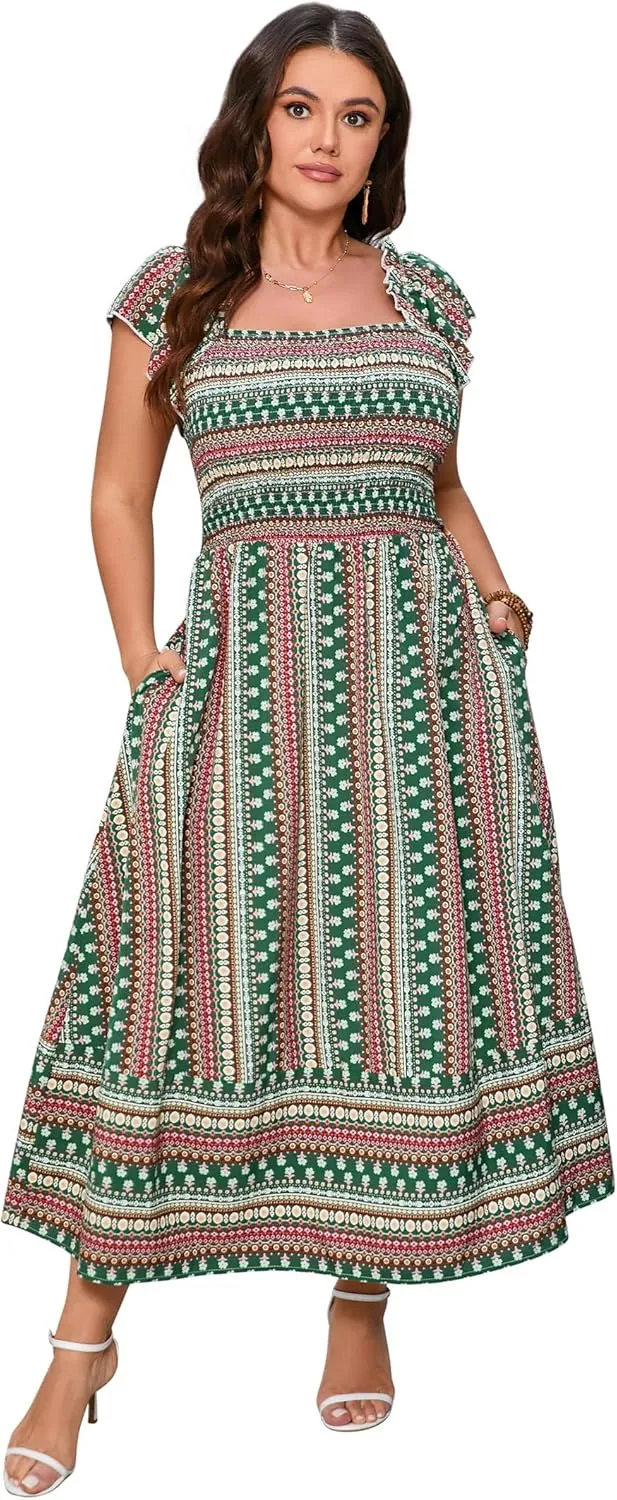 ShopWonder Women Plus Size Maxi Dress Smocked Short Sleeve High Waist Boho Casual Summer Dress