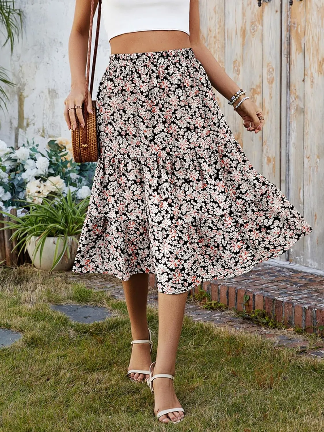 SimpleFun Women's Summer Boho Flowy Midi Skirt Casual Elastic High Waist Tiered Long Skirts with Pockets