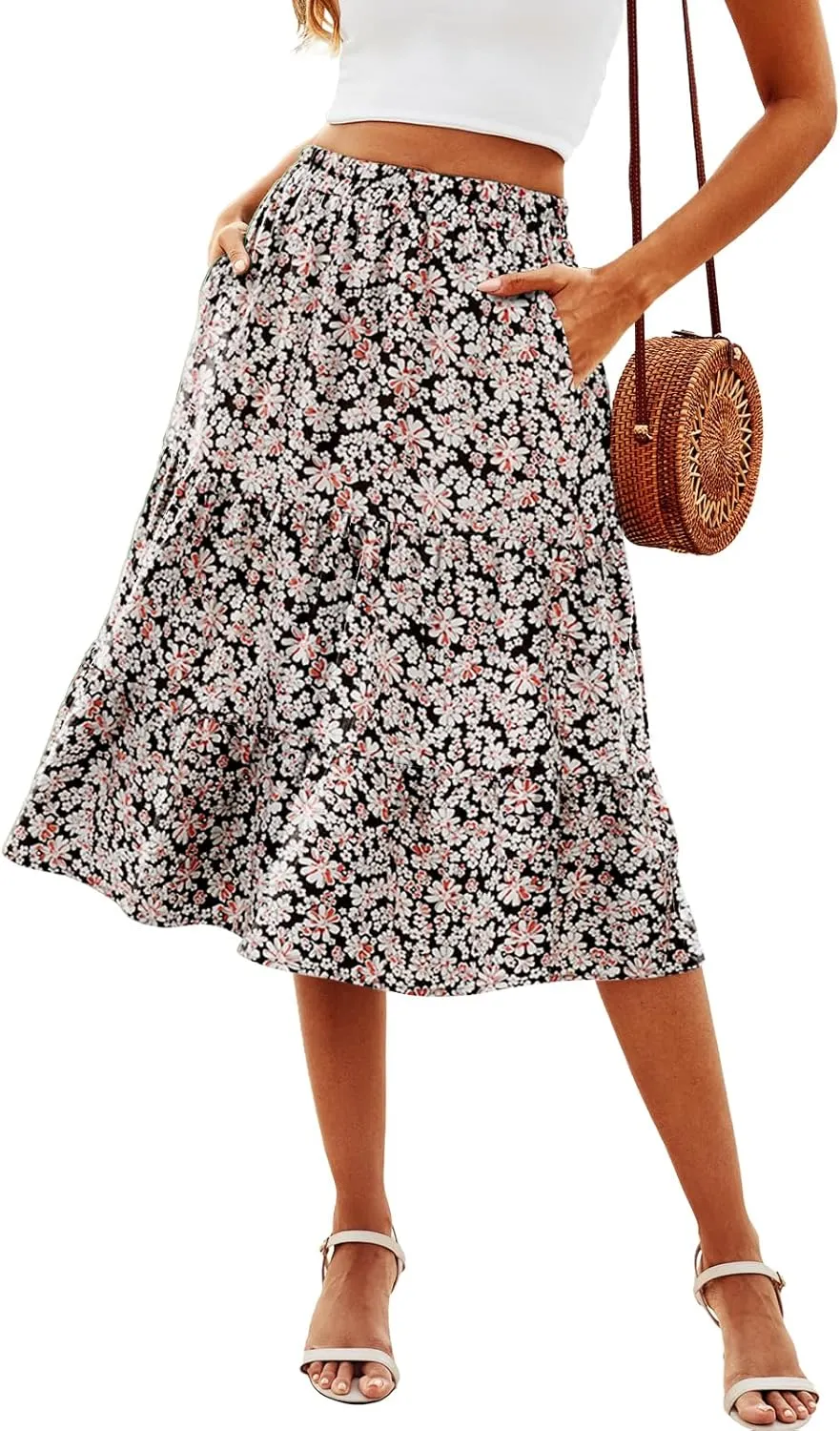 SimpleFun Women's Summer Boho Flowy Midi Skirt Casual Elastic High Waist Tiered Long Skirts with Pockets