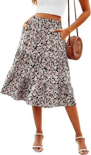 SimpleFun Women's Summer Boho Flowy Midi Skirt Casual Elastic High Waist Tiered Long Skirts with Pockets