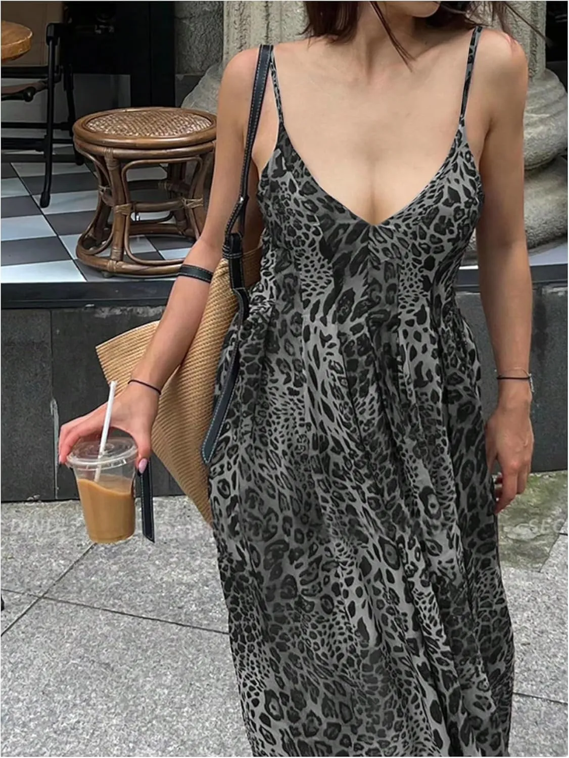SOLY HUX Women's Leopard Print Maxi Dress Sleeveless V Neck Sundresses Vintage Flowy Cami Dresses