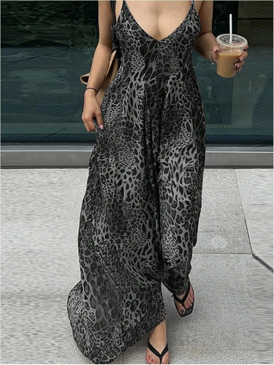 SOLY HUX Women's Leopard Print Maxi Dress Sleeveless V Neck Sundresses Vintage Flowy Cami Dresses