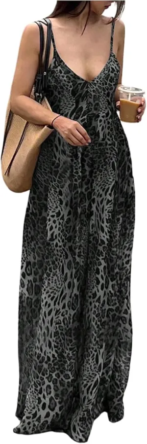 SOLY HUX Women's Leopard Print Maxi Dress Sleeveless V Neck Sundresses Vintage Flowy Cami Dresses