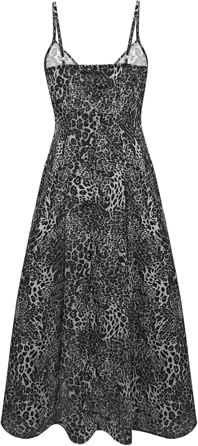SOLY HUX Women's Leopard Print Maxi Dress Sleeveless V Neck Sundresses Vintage Flowy Cami Dresses
