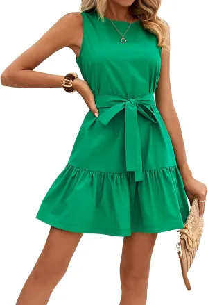 SOLY HUX Women's Summer Sleeveless Belted Tank Dress Ruffle Flowy Going Out Mini Dresses