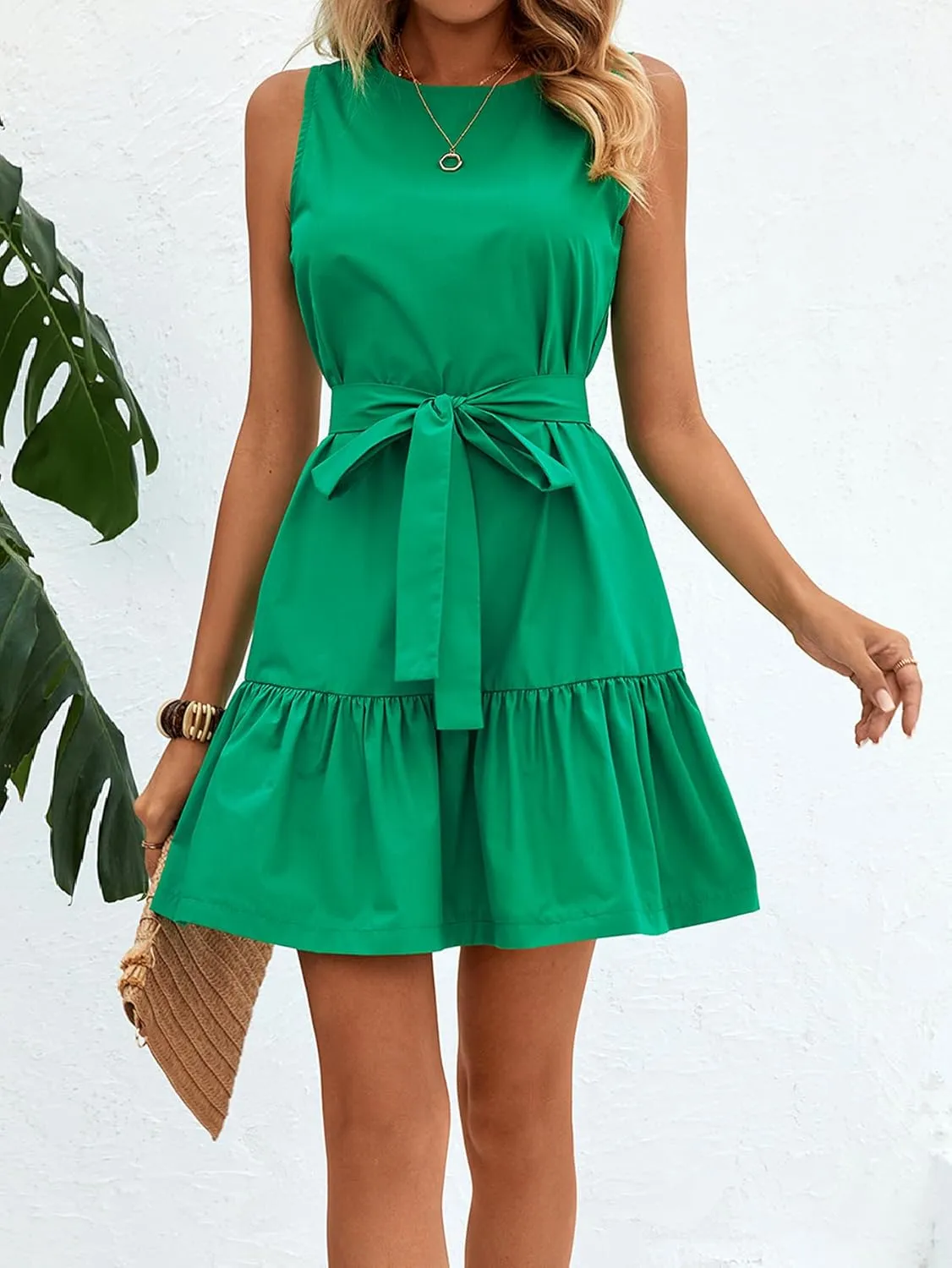 SOLY HUX Women's Summer Sleeveless Belted Tank Dress Ruffle Flowy Going Out Mini Dresses